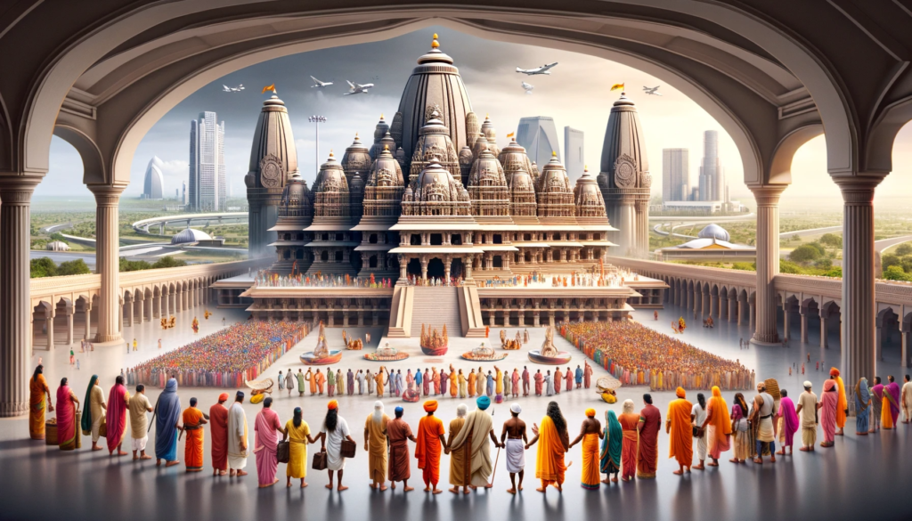 A panoramic banner image depicting the grand temple in Ayodhya, India. The image showcases a magnificent temple with intricate architectural details